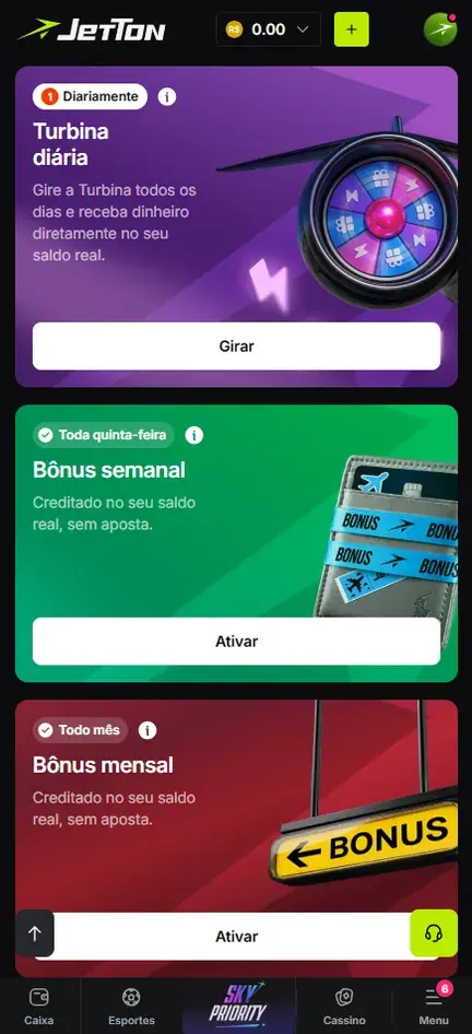 Cartões de bônus da Jetton: Turbina diária com botão Girar, Bônus semanal toda quinta-feira e Bônus mensal, os dois creditados no saldo real sem aposta