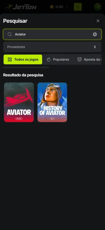 Pesquisar da Jetton com Aviator digitado: capa vermelha do Aviator da Spribe e capa azul do History of Aviator