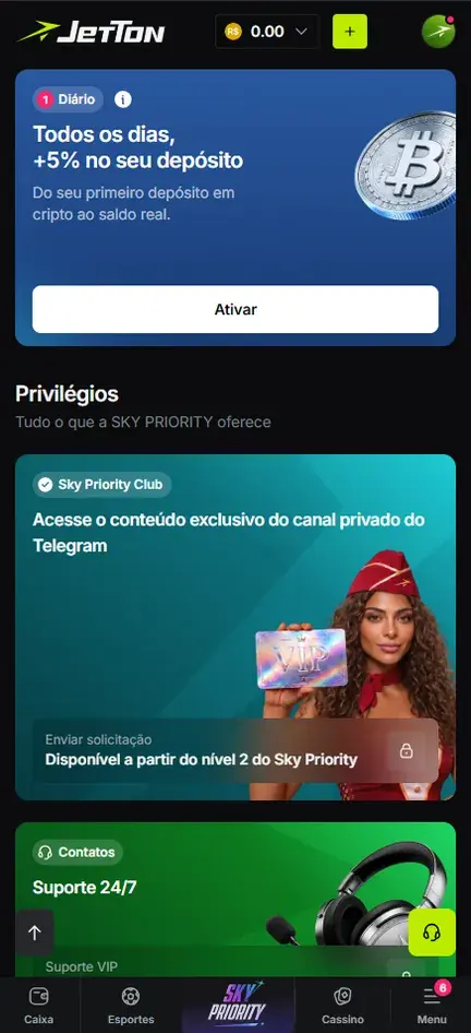 Área Privilégios do Sky Priority na Jetton com o card Sky Priority Club, que dá acesso ao canal privado do Telegram a partir do nível 2