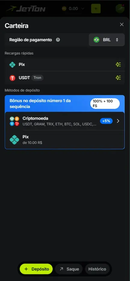 Carteira da Jetton com região de pagamento BRL, recargas rápidas Pix e USDT Tron e o método Pix a partir de 10.00 R$