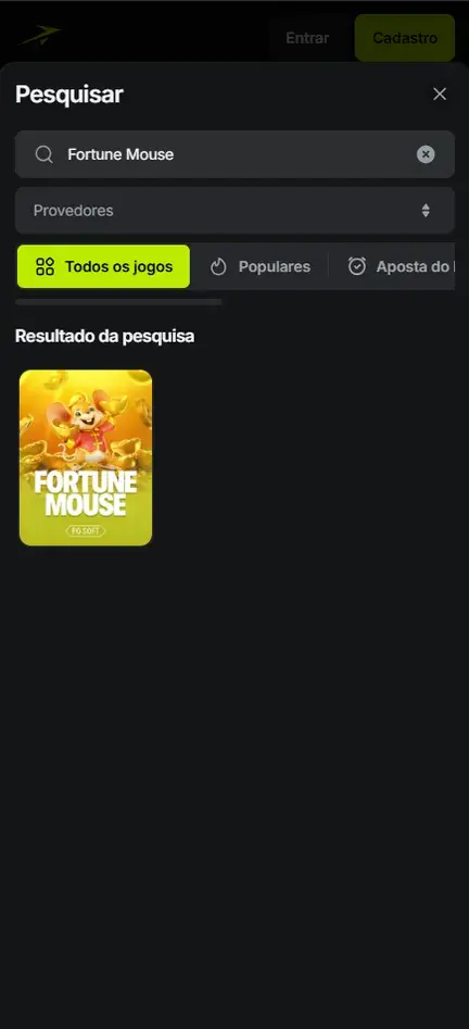Pesquisar da Jetton sem login, com os botões Entrar e Cadastro no topo e uma capa de Fortune Mouse da PG Soft