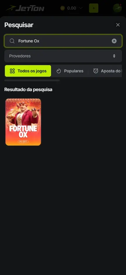 Pesquisar da Jetton com Fortune Ox digitado e uma única capa, da PG Soft