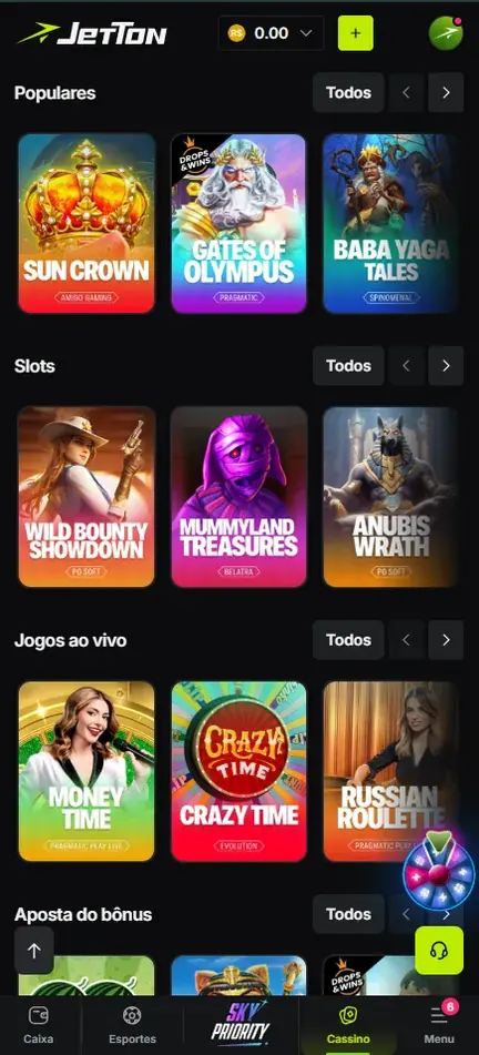Página inicial do cassino da Jetton com as faixas Populares, Slots e Jogos ao vivo e capas de Sun Crown, Gates of Olympus, Baba Yaga Tales, Wild Bounty Showdown e Mummyland Treasures