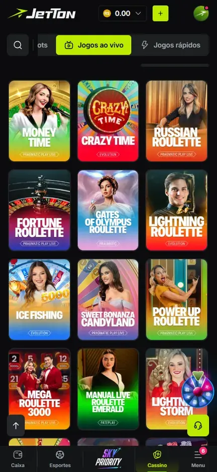 Aba Jogos ao vivo da Jetton com Money Time, Crazy Time, Lightning Roulette, Ice Fishing e Mega Roulette 3000