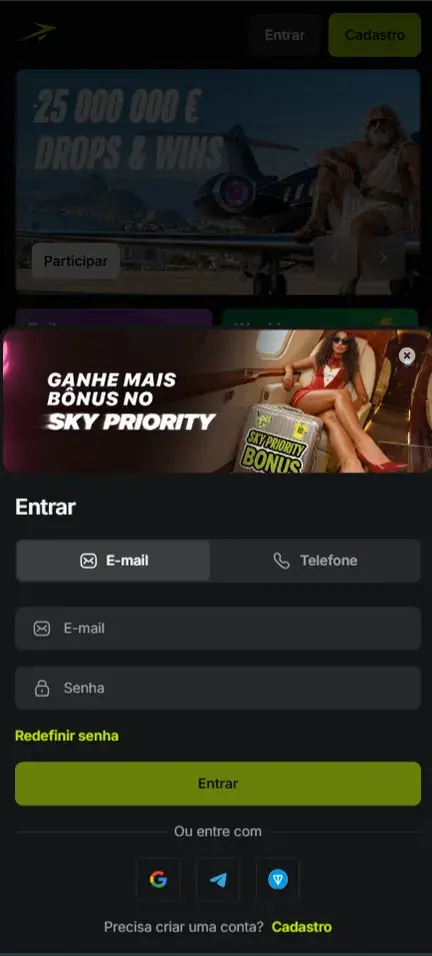 Formulário Entrar da Jetton: abas E-mail e Telefone, campos de e-mail e senha, Redefinir senha, botão Entrar e ícones de Google, Telegram e TON