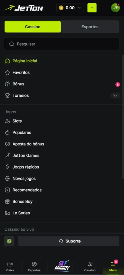 Menu da Jetton com Página inicial, Favoritos, Bônus, Torneios, o grupo Jogos e o botão Suporte no fim da lista