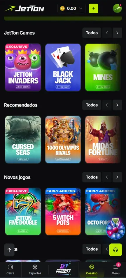 Seção JetTon Games da Jetton com Jetton Invaders, Black Jack e Mines, e faixas Recomendados e Novos jogos com Jetton Five Double