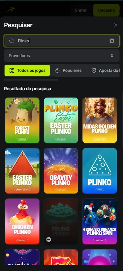 Pesquisar da Jetton com Plinko digitado e várias versões: Forest Plinko, Easter Plinko, Gravity Plinko, Plinko da Spribe e Chicken Plinko