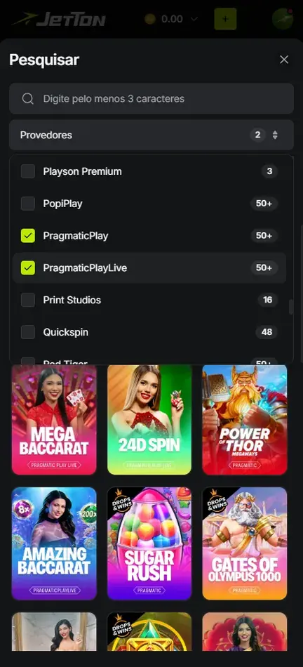Busca da Jetton com o filtro Provedores marcando PragmaticPlay e PragmaticPlayLive, e capas de Mega Baccarat, 24D Spin e Amazing Baccarat