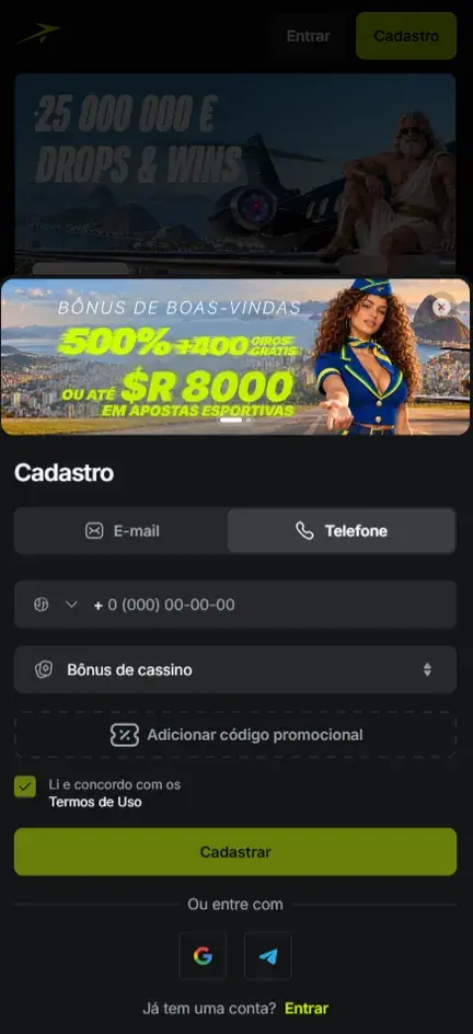 Tela Cadastro na aba Telefone, com banner de 500% mais 400 giros grátis ou até R$ 8000 em apostas esportivas