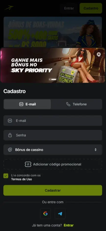 Formulário Cadastro da Jetton na aba E-mail com campos E-mail e Senha, seletor Bônus de cassino, botão Adicionar código promocional e caixa dos Termos de Uso marcada