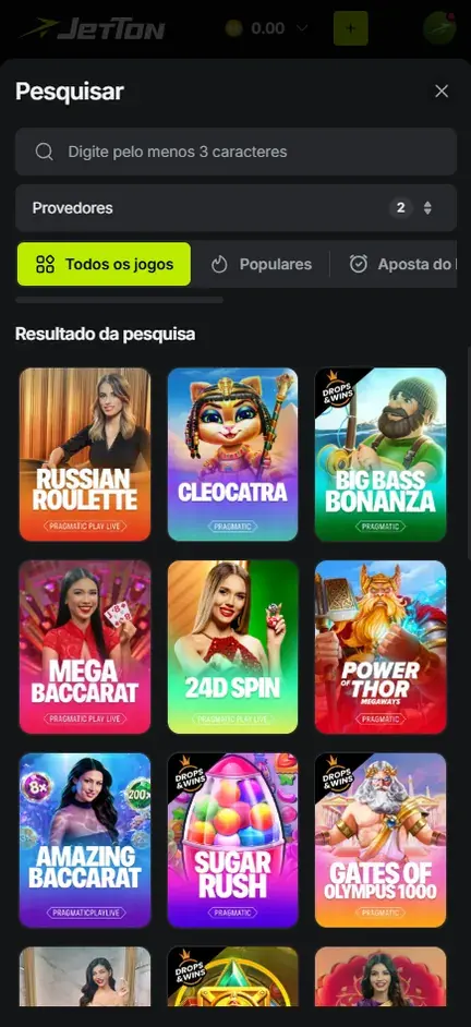Resultado do Pesquisar da Jetton com capas de Russian Roulette, Cleocatra, Big Bass Bonanza, Mega Baccarat, Power of Thor Megaways, Sugar Rush e Gates of Olympus 1000