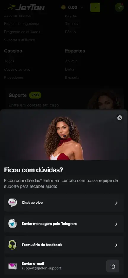 Janela Ficou com dúvidas? da Jetton com as opções Chat ao vivo, Enviar mensagem pelo Telegram, Formulário de feedback e Enviar e-mail