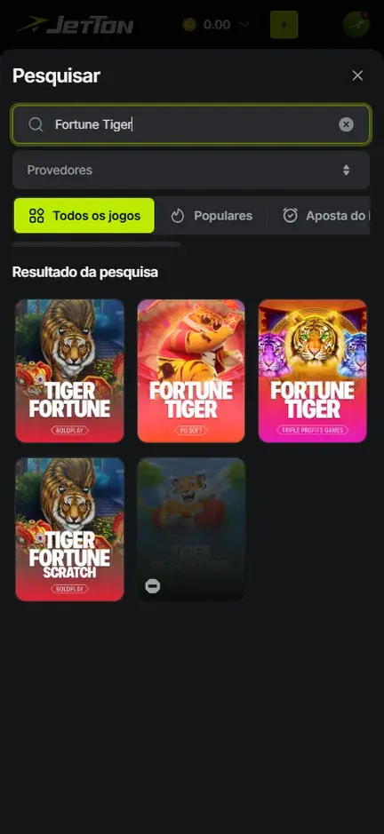 Busca por Fortune Tiger no Pesquisar da Jetton com capas de Tiger Fortune, Fortune Tiger da PG Soft e Fortune Tiger da Triple Profits Games