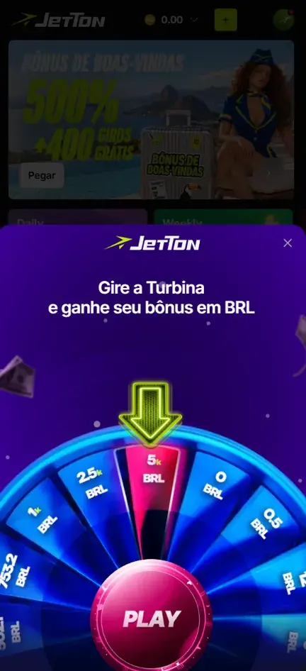 Pop-up da Jetton com o título Gire a Turbina e ganhe seu bônus em BRL, roda de prêmios em reais e botão Play
