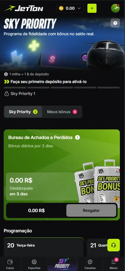 Tela Sky Priority da Jetton com a regra 1 milha = 1 $ de depósito, o nível Sky Priority 1 bloqueado e o bloco Bureau de Achados e Perdidos